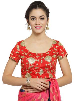 Women's Dupion Silk Red Princess Cut Gota Patti Work Readymade Blouse 1