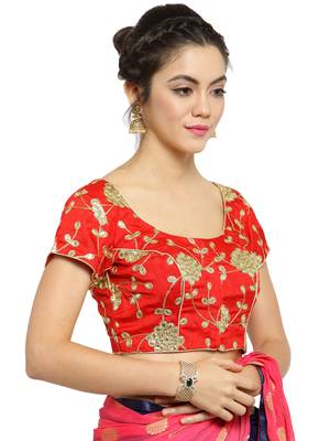 Women's Dupion Silk Red Princess Cut Gota Patti Work Readymade Blouse 3