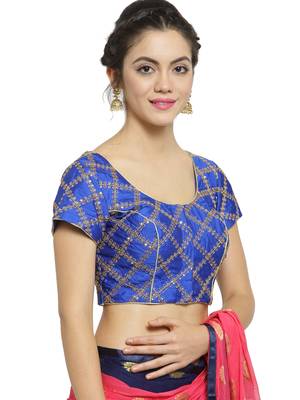 Women's Dupion Silk Blue Princess Cut Embroidered Readymade Blouse 3