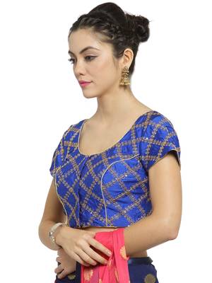 Women's Dupion Silk Blue Princess Cut Embroidered Readymade Blouse 4