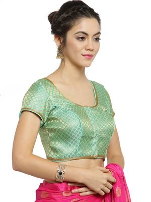 Women's Brocade Pista Green Princess Cut Readymade Blouse 3