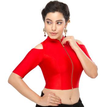 Women's Red Nylon Non Padded Stretchable Readymade Blouse 3