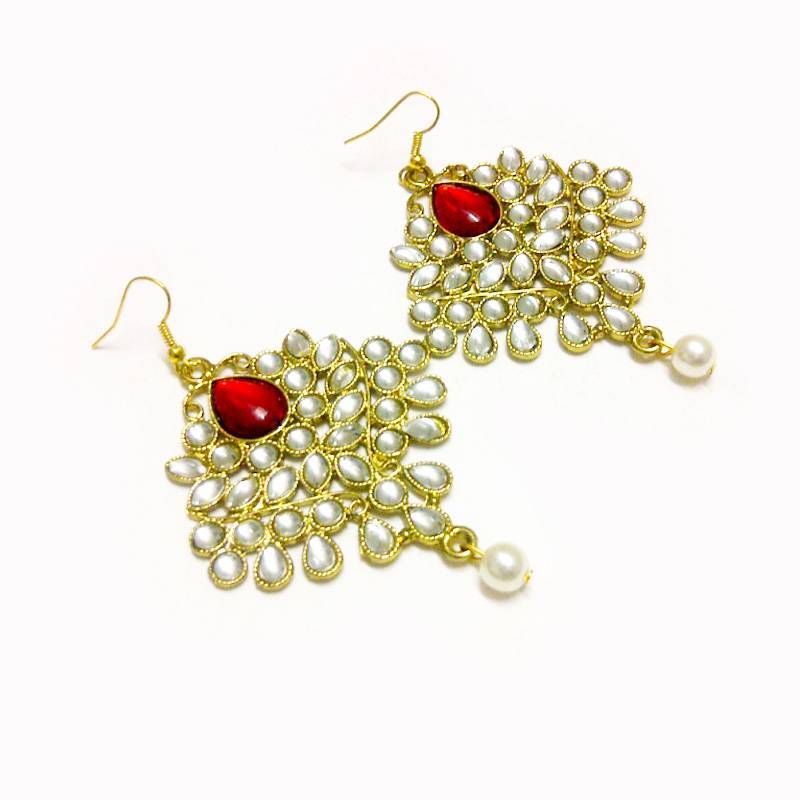 Red Kundan And Pearl Drop Earrings