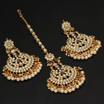 Festive Special White Color Imitation Peral Kundan Earrings With Maang Tikka For Women 2