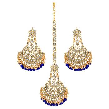 Festive Collection Blue Color Imitation Peral Kundan Earrings With Maang Tikka 1