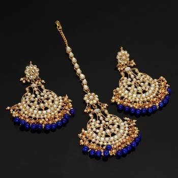 Festive Collection Blue Color Imitation Peral Kundan Earrings With Maang Tikka 2