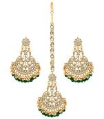 Partywear Collection Green Color Imitation Peral Kundan Earrings With Maang Tikka For Women