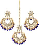Blue Color Imitation Peral Kundan Earrings With Maang Tikka