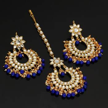 Blue Color Imitation Peral Kundan Earrings With Maang Tikka 2