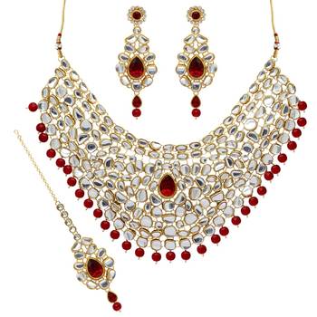 Wedding Collection Maroon Color Imitation Pearl Kundan Necklace With Earrings & Maang Tikka 1