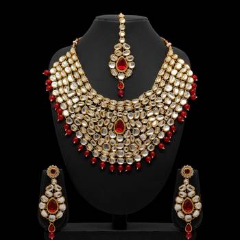 Wedding Collection Maroon Color Imitation Pearl Kundan Necklace With Earrings & Maang Tikka 2