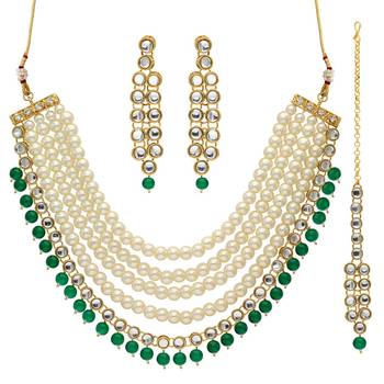 Green Color Imitation Pearl Beautiful Kundan Necklace With Earrings & Maang Tikka 1