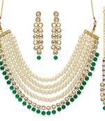 Green Color Imitation Pearl Beautiful Kundan Necklace With Earrings & Maang Tikka