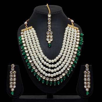 Green Color Imitation Pearl Beautiful Kundan Necklace With Earrings & Maang Tikka 2