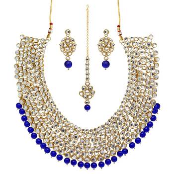 Blue Color Imitation Pearl Kundan Necklace With Earrings & Maang Tikka 1