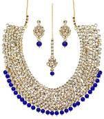 Blue Color Imitation Pearl Kundan Necklace With Earrings & Maang Tikka