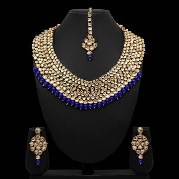 Blue Color Imitation Pearl Kundan Necklace With Earrings & Maang Tikka 2