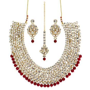 Maroon Color Imitation Pearl Kundan Necklace With Earrings & Maang Tikka 1