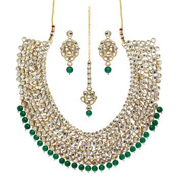 Green Color Imitation Pearl Kundan Necklace With Earrings & Maang Tikka 1