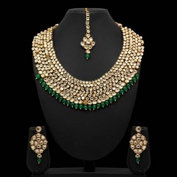 Green Color Imitation Pearl Kundan Necklace With Earrings & Maang Tikka 2