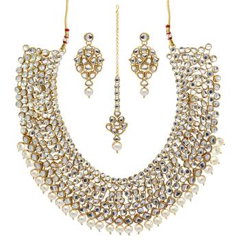 White Color Imitation Pearl Kundan Necklace With Earrings & Maang Tikka 1