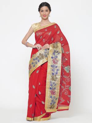 Chhabra 555  Red embroidered Art Silk Heavy Work saree with blouse 1