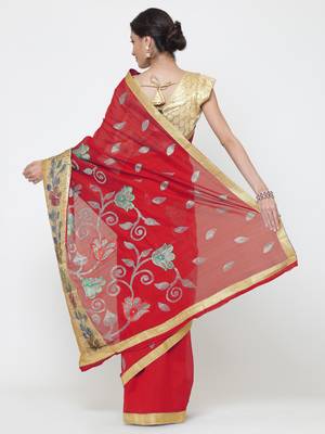 Chhabra 555  Red embroidered Art Silk Heavy Work saree with blouse 2