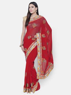 Chhabra 555  Maroon embroidered Poly Georgette Heavy Work saree with blouse 1