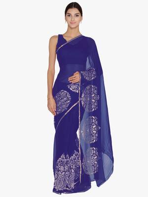 Chhabra 555  Blue Embellished Poly Chiffon  saree with blouse 1