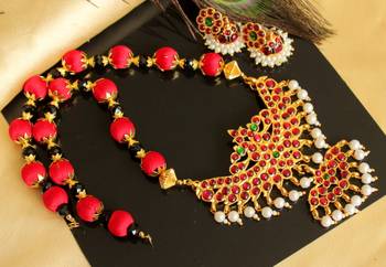 Beautiful Kemp Green Red Silk Thread Designer Necklace Set 1