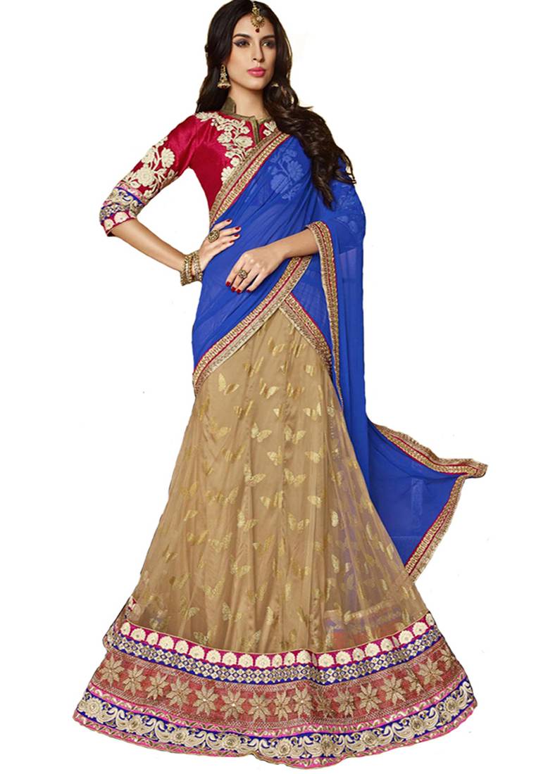 Multicolor Net And Dupatta Chiffon Embroidered Work Unstitched Lehenga Choli