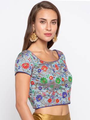 Grey Emboidered Banglori Silk Readymade Blouse 4