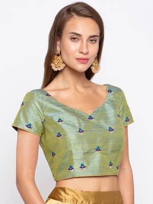 Green Emboidered Pre Embroidered Banglori Silk Readymade Blouse 4