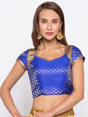 Blue Self Design Jacquard with Jute Look  Readymade Blouse 1