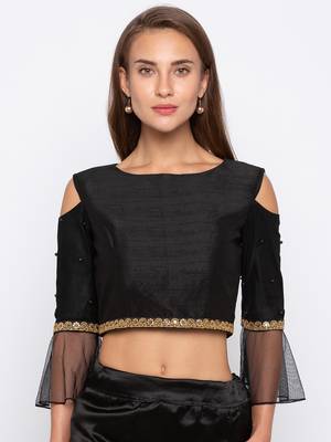 Black Solid Dupion with Net Readymade Blouse 1