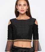 Black Solid Dupion with Net Readymade Blouse