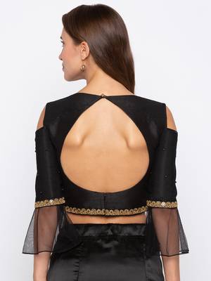 Black Solid Dupion with Net Readymade Blouse 2