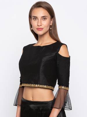 Black Solid Dupion with Net Readymade Blouse 3