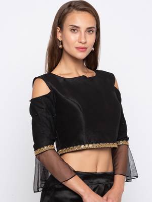 Black Solid Dupion with Net Readymade Blouse 4