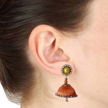 Handmae Silk Thread Lawn Green and Orange Dangler Jhumka Earrings combo Set 3