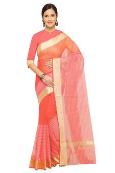 Peach Plain Cotton Saree With Blouse