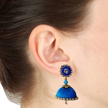 Handmae Silk Thread Black and Dark Sky Blue Dangler Jhumka Earrings combo Set 3