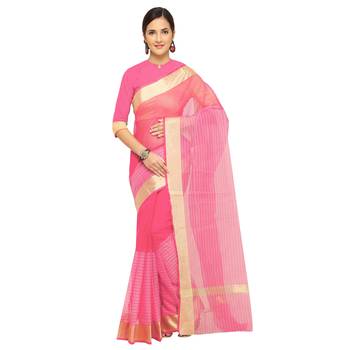 Pink Plain Cotton Saree With Blouse 1