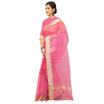 Pink Plain Cotton Saree With Blouse 2