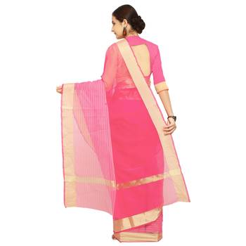 Pink Plain Cotton Saree With Blouse 3