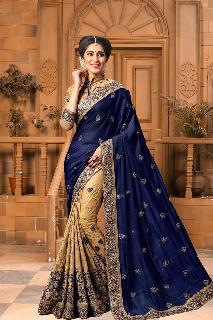 Trendmalls Light Navy Blue Silk Fabric Embroidered Designer Indian Wedding Saree with Blouse