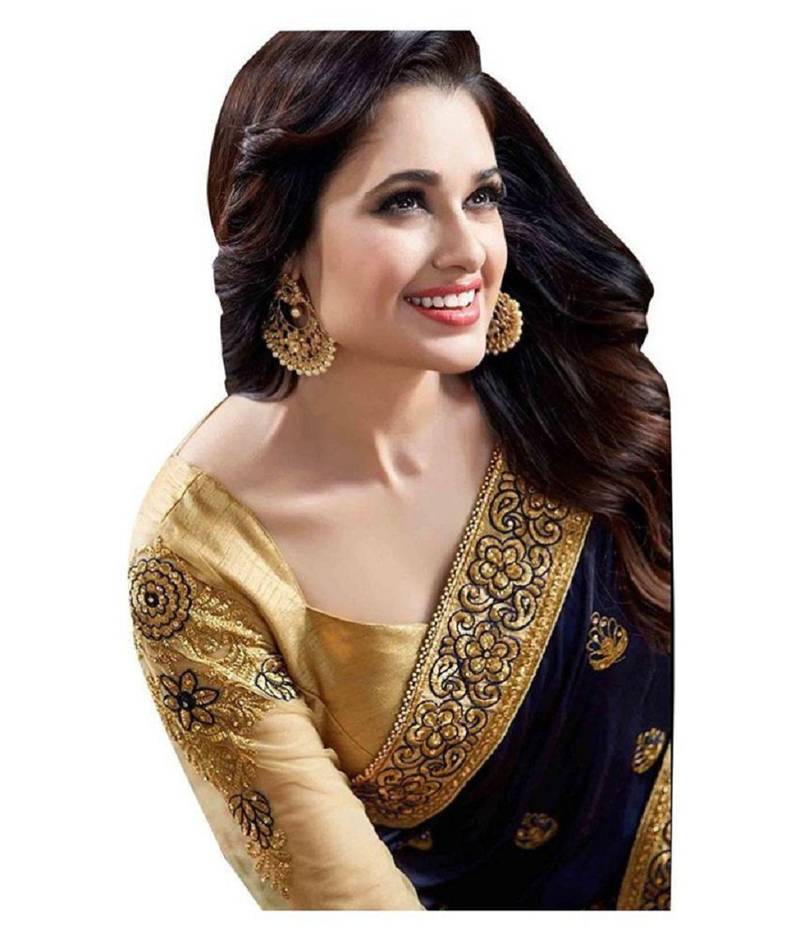 Trendmalls Light Navy Blue Silk Fabric Embroidered Designer Indian Wedding Saree with Blouse