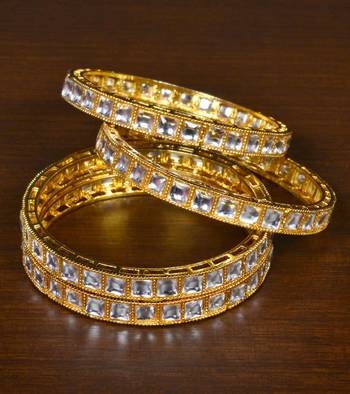 Gold Plated Kundan Stone Embellished Wedding Essential Designer Bangles for Women 1