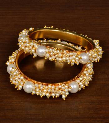 Gold Plated White Stone and Seed Pearls Pair of Designer Bangles for Women 1