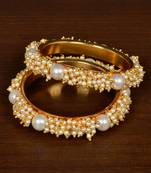 Gold Plated White Stone and Seed Pearls Pair of Designer Bangles for Women